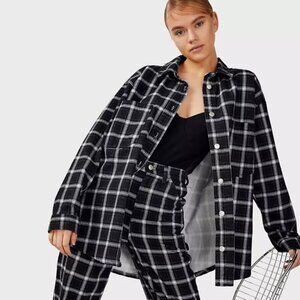 TOPSHOP Oversized Plaid Shacket Shirt Jacket Denim Navy Blue 6